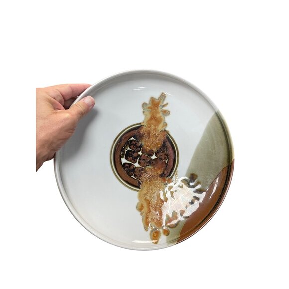 Studio Pottery Abstract White Brown Stoneware Serving Bowl 11.5"x2.5" SKU 9315 - Picture 2 of 10